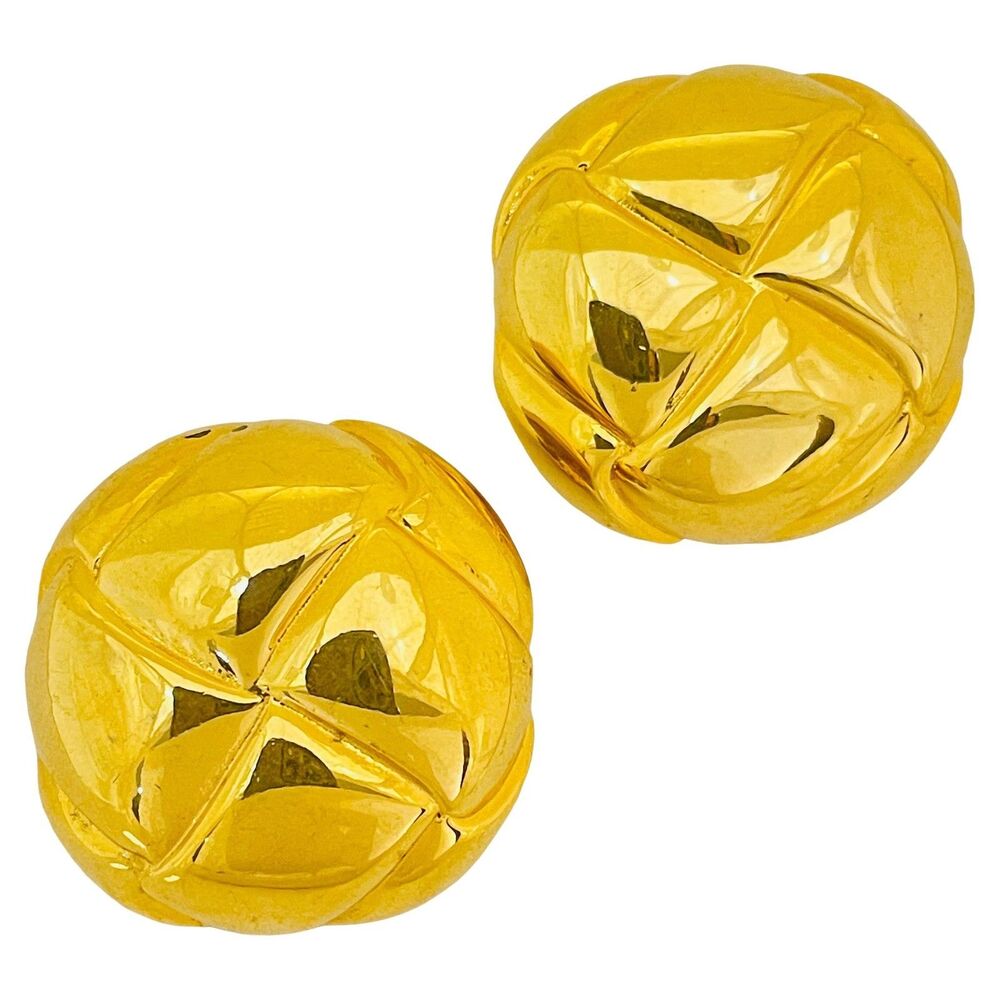 ANNE KLEIN vintage gold tone quilted massive designer clip on earrings